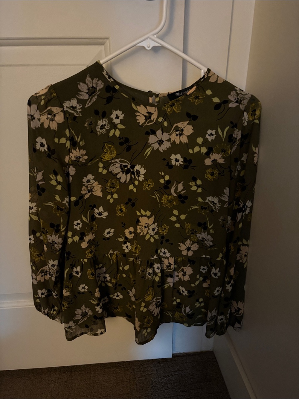 Madewell Olive Green Floral Peplum Long-Sleeve Blouse